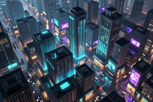 Neon Parish: A cyberpunk city building game with aerial view of neon-lit rain-soaked streets