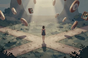 Echo Northline: A story-rich indie game showing a woman at a crossroads in a surreal dreamlike world with floating memories