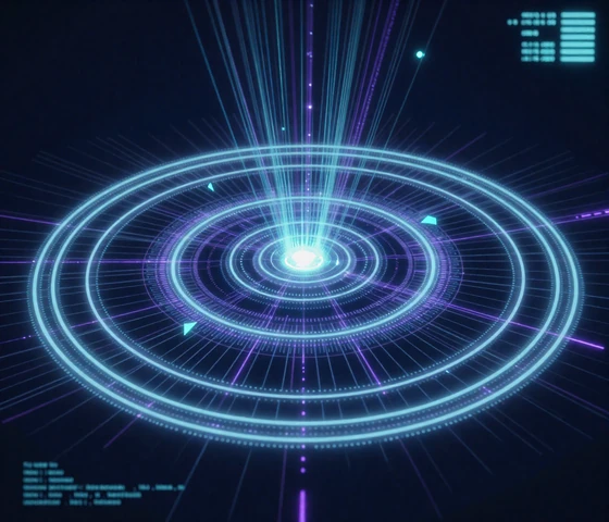 Abstract futuristic digital core with glowing orbital rings and data streams representing OrbitHaven's discovery system