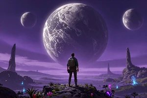 Distant Harbor: A sci-fi RPG set on an alien planet with bioluminescent flora under a purple sky