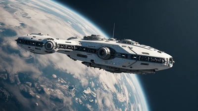 Starfall Homestead review thumbnail: Sci-fi colony ship approaching a new planet with dramatic blue lighting